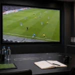 Lege analysekamer van Club Brugge met beelden van flankspel op een groot scherm.