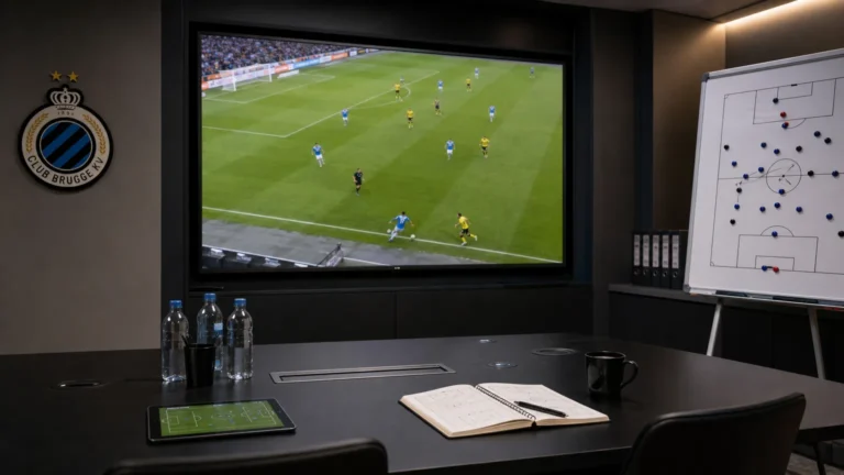 Lege analysekamer van Club Brugge met beelden van flankspel op een groot scherm.
