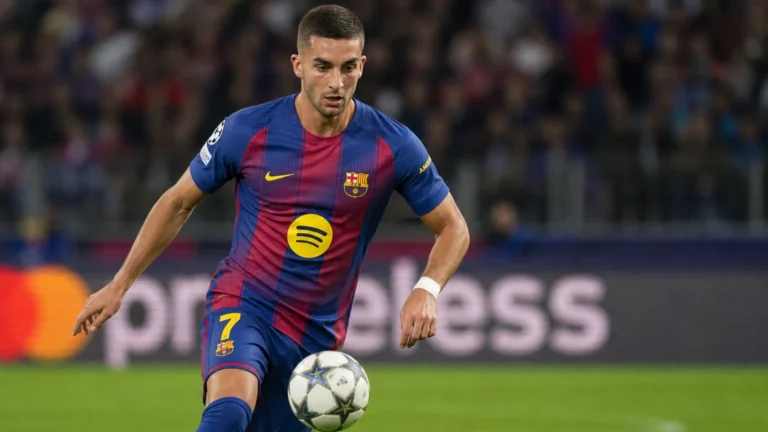 Ferran Torres in het tenue van FC Barcelona tijdens een voetbalactie op het veld.
