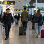 Een vertrekhal op de luchthaven van Valencia met politie en reizigers.