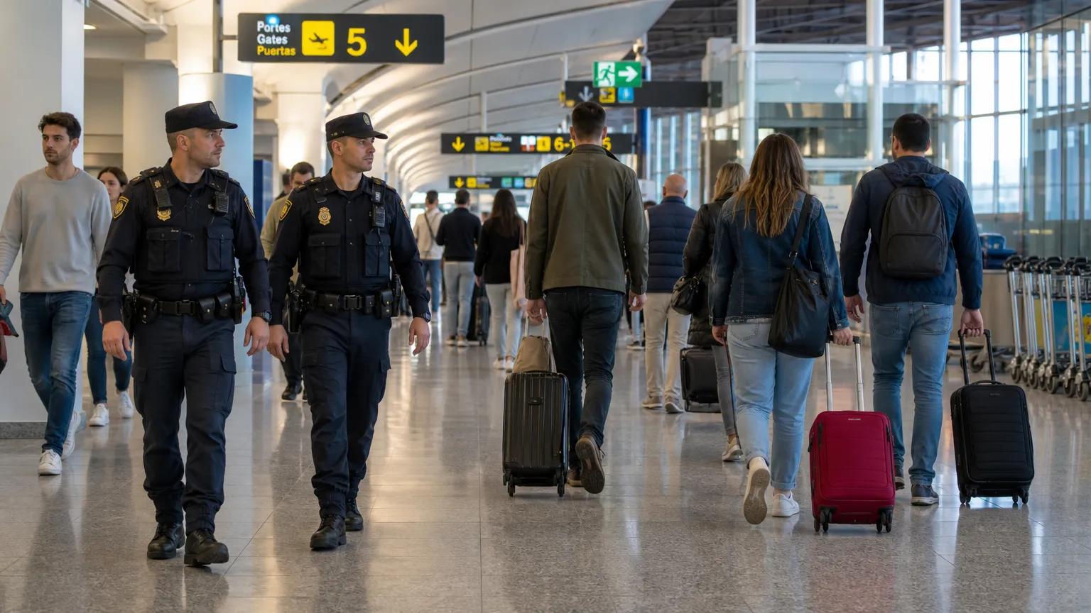 Een vertrekhal op de luchthaven van Valencia met politie en reizigers.