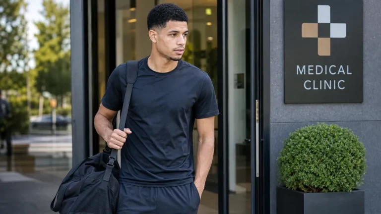 Anan Khalaili wandelt in neutrale sportkleding buiten een privékliniek.
