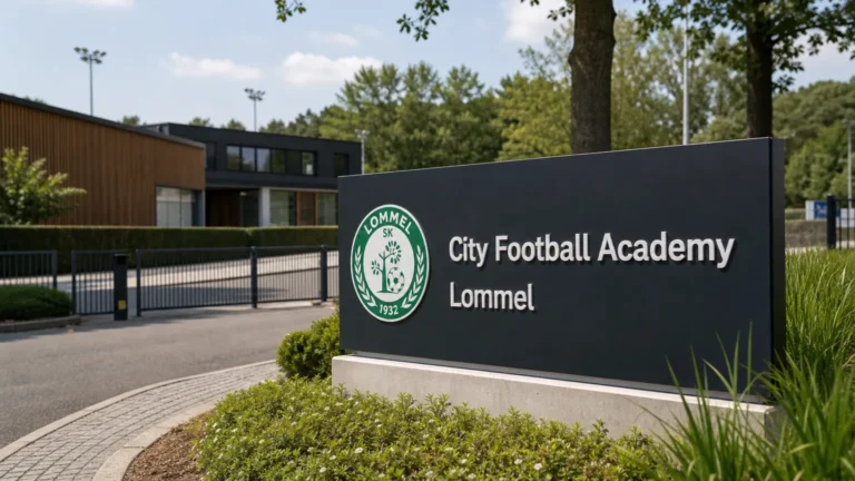 Ingang van de City Football Academy Lommel met een discreet Lommel SK-clubanker.