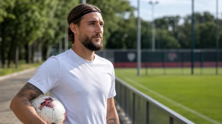 Nemanja Gudelj in neutrale sportkleding aan de rand van een trainingsveld.
