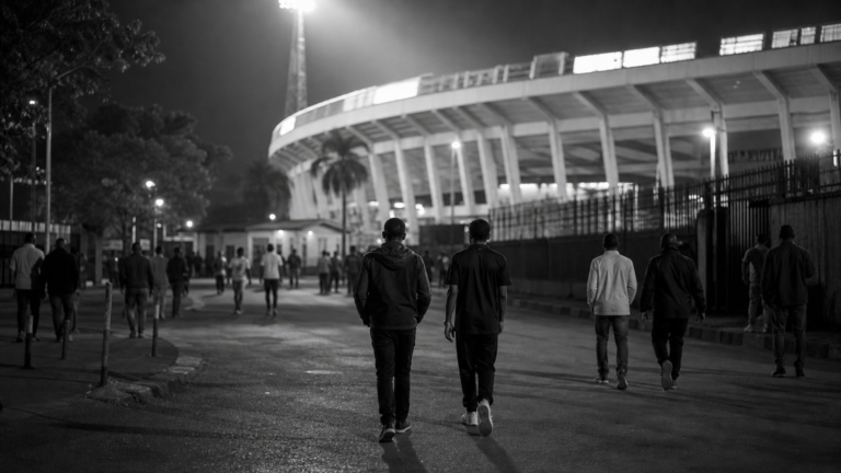 Anonieme voetballiefhebbers wandelen in de avond langs een stadionomgeving in Kampala.