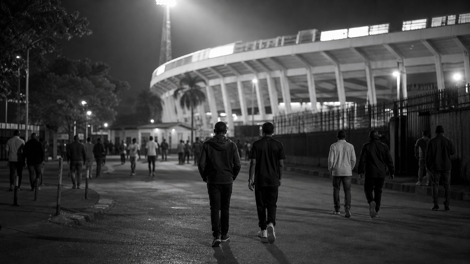 Anonieme voetballiefhebbers wandelen in de avond langs een stadionomgeving in Kampala.