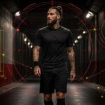 Nemanja Gudelj in neutrale voetbaloutfit naast een afzonderlijk embleem van Royal Antwerp FC in een spelerstunnel.