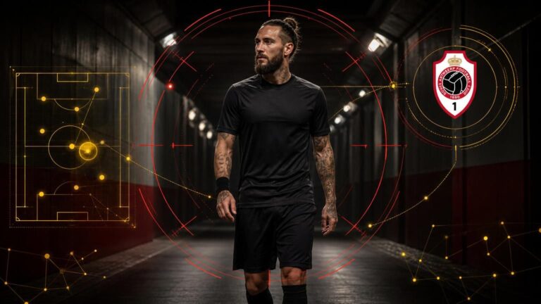 Nemanja Gudelj in neutrale voetbaloutfit naast een afzonderlijk embleem van Royal Antwerp FC in een spelerstunnel.