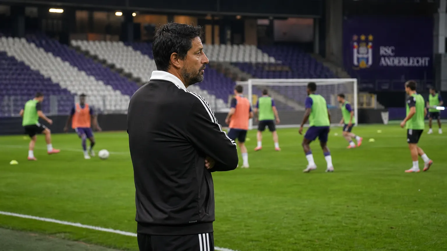 Vitor Bruno kijkt langs de zijlijn toe tijdens een extra training van Anderlecht in het Lotto Park.