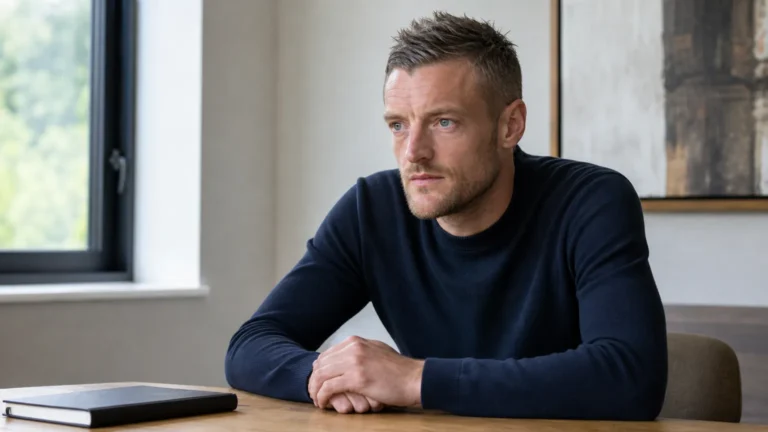 Jamie Vardy zit in neutrale kleding aan een tafel in een rustige binnenruimte.