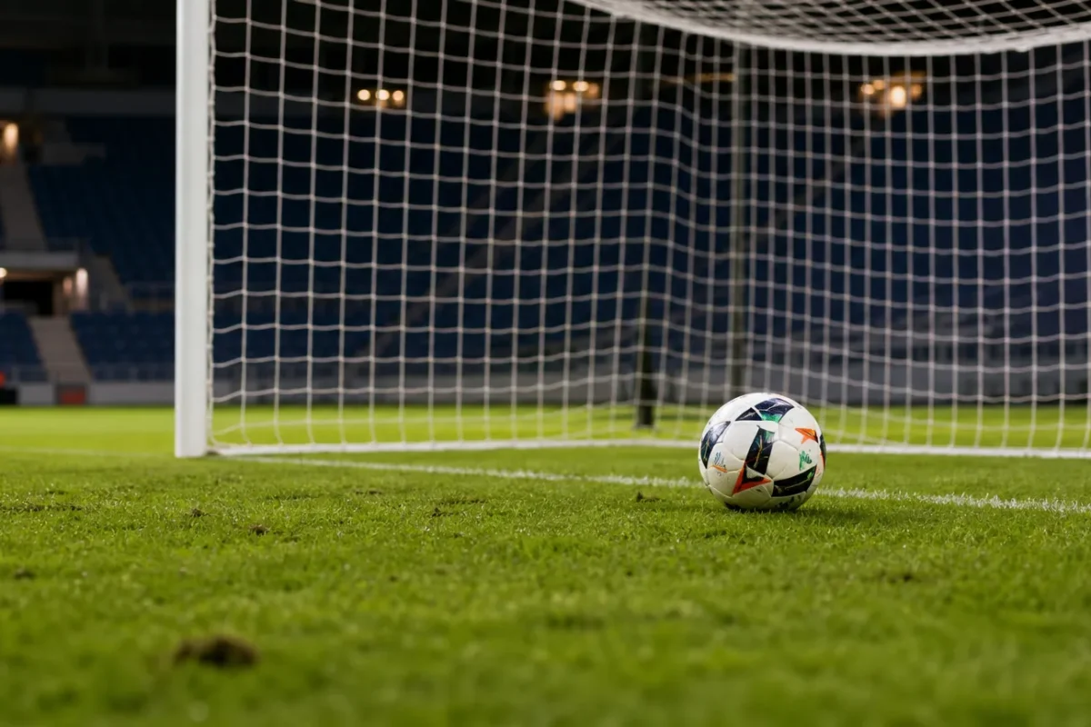 Een leeg doel met bal en doelnet op een voetbalveld na een wedstrijd.