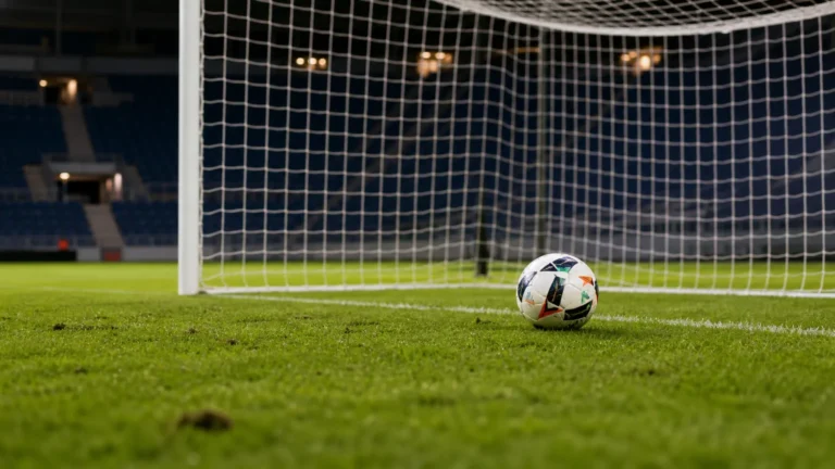 Een leeg doel met bal en doelnet op een voetbalveld na een wedstrijd.