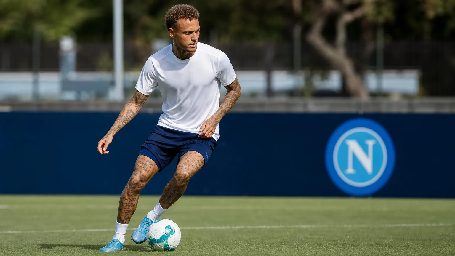 Noa Lang tijdens een training van Napoli op het oefenveld.