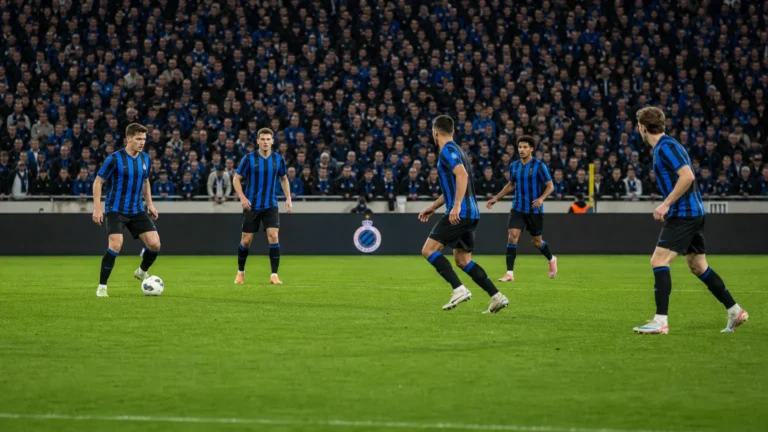 Club Brugge-spelers in blauw-zwarte shirts houden balbezit tijdens een thuiswedstrijd.
