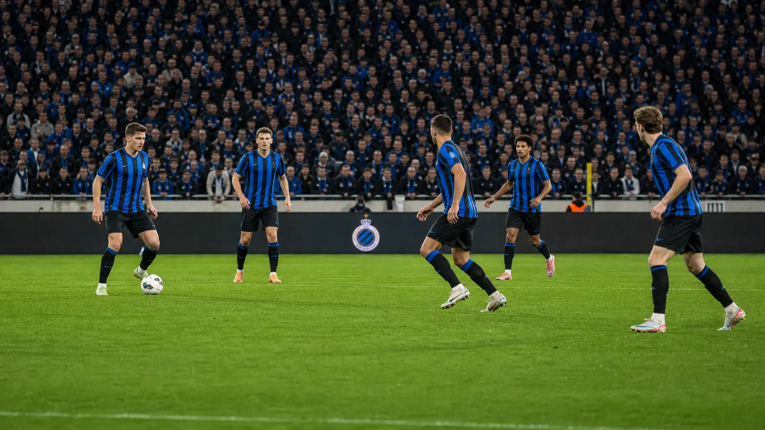 Club Brugge-spelers in blauw-zwarte shirts houden balbezit tijdens een thuiswedstrijd.
