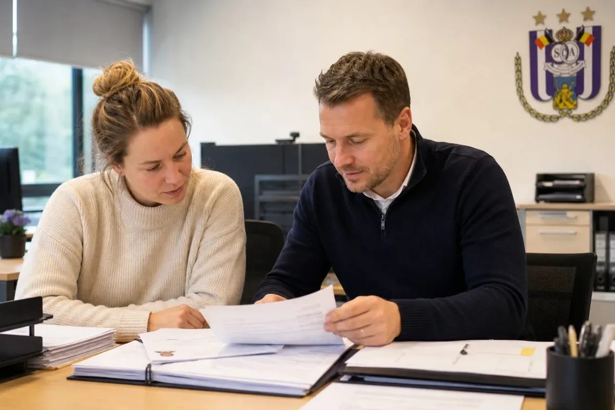 Medewerkers in een kantoor van de jeugdacademie van RSC Anderlecht bij een spelersregistratie.