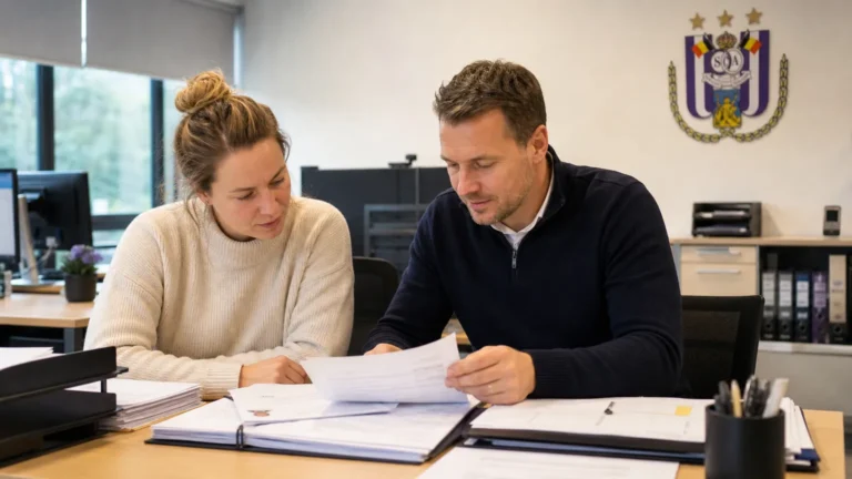Medewerkers in een kantoor van de jeugdacademie van RSC Anderlecht bij een spelersregistratie.