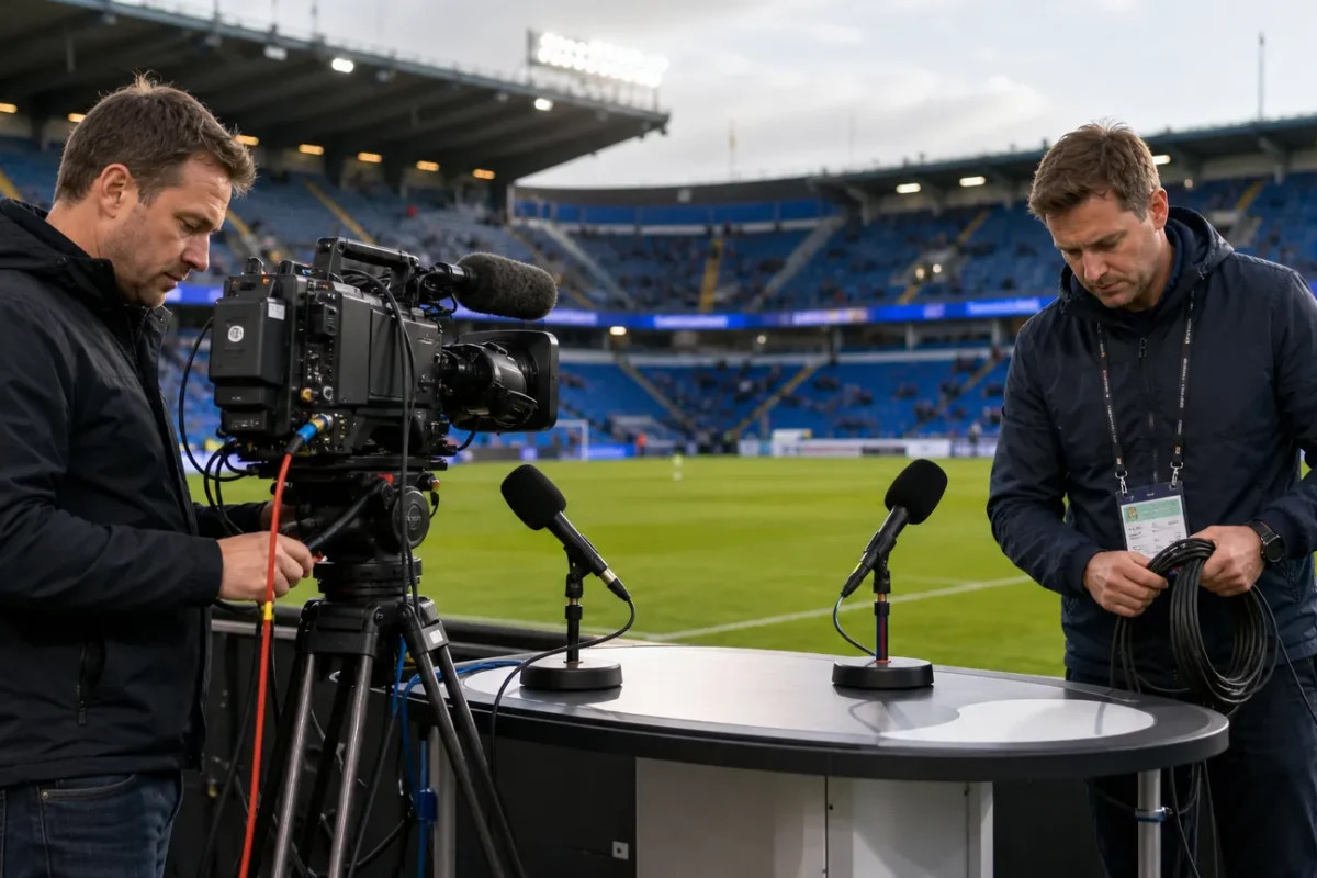 Twee cameramensen aan het werk in een interviewzone van een voetbalstadion.