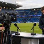 Twee cameramensen aan het werk in een interviewzone van een voetbalstadion.