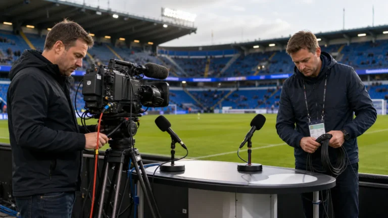 Twee cameramensen aan het werk in een interviewzone van een voetbalstadion.