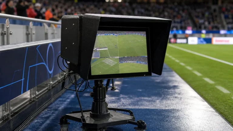 Een ingeschakeld VAR-scherm langs de zijlijn van een voetbalveld.