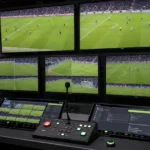 Een VAR-reviewruimte met schermen en communicatieapparatuur voor scheidsrechters.