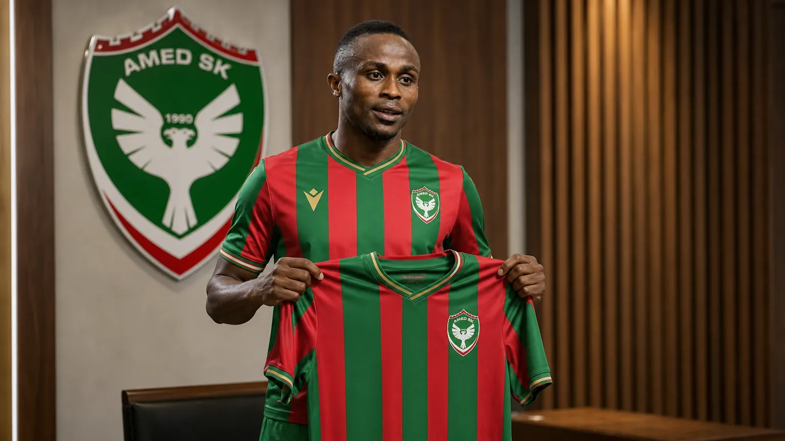 Yira Sor poseert met het shirt van Amedspor tijdens zijn officiële voorstelling.