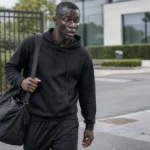 Abdoulie Manneh in neutrale reiskleding buiten een voetbalcomplex.