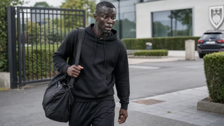 Abdoulie Manneh in neutrale reiskleding buiten een voetbalcomplex.
