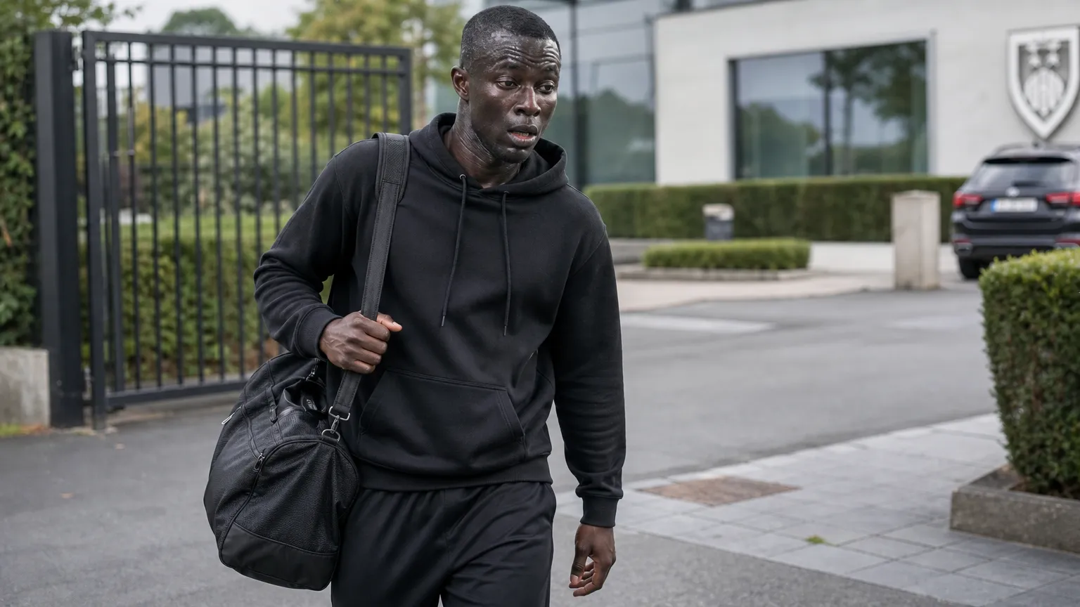 Abdoulie Manneh in neutrale reiskleding buiten een voetbalcomplex.