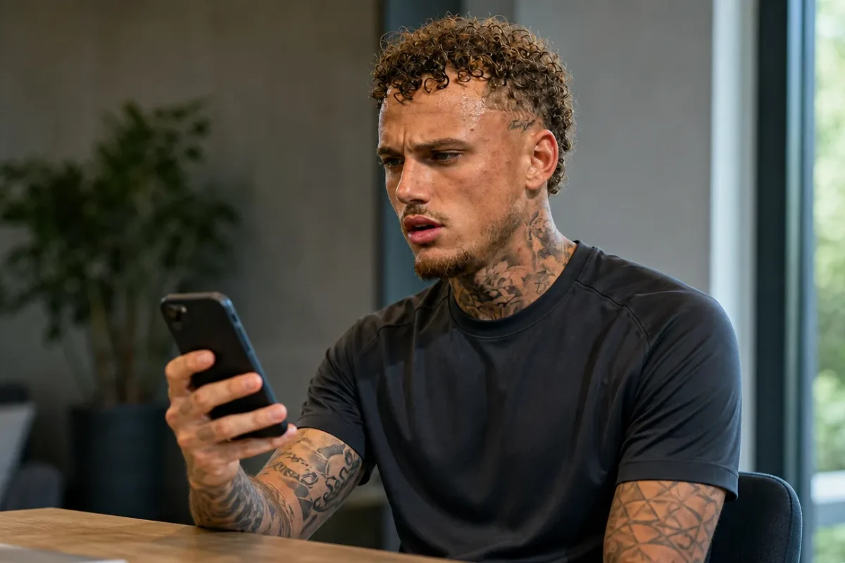 Noa Lang kijkt naar zijn smartphone in een rustige binnenruimte.