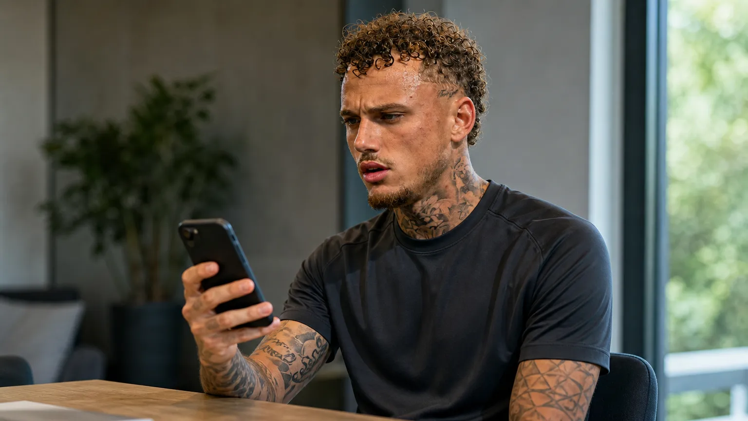 Noa Lang kijkt naar zijn smartphone in een rustige binnenruimte.
