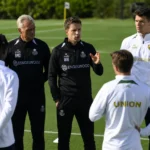 Stafleden geven aanwijzingen aan een groep Union-spelers tijdens een training.