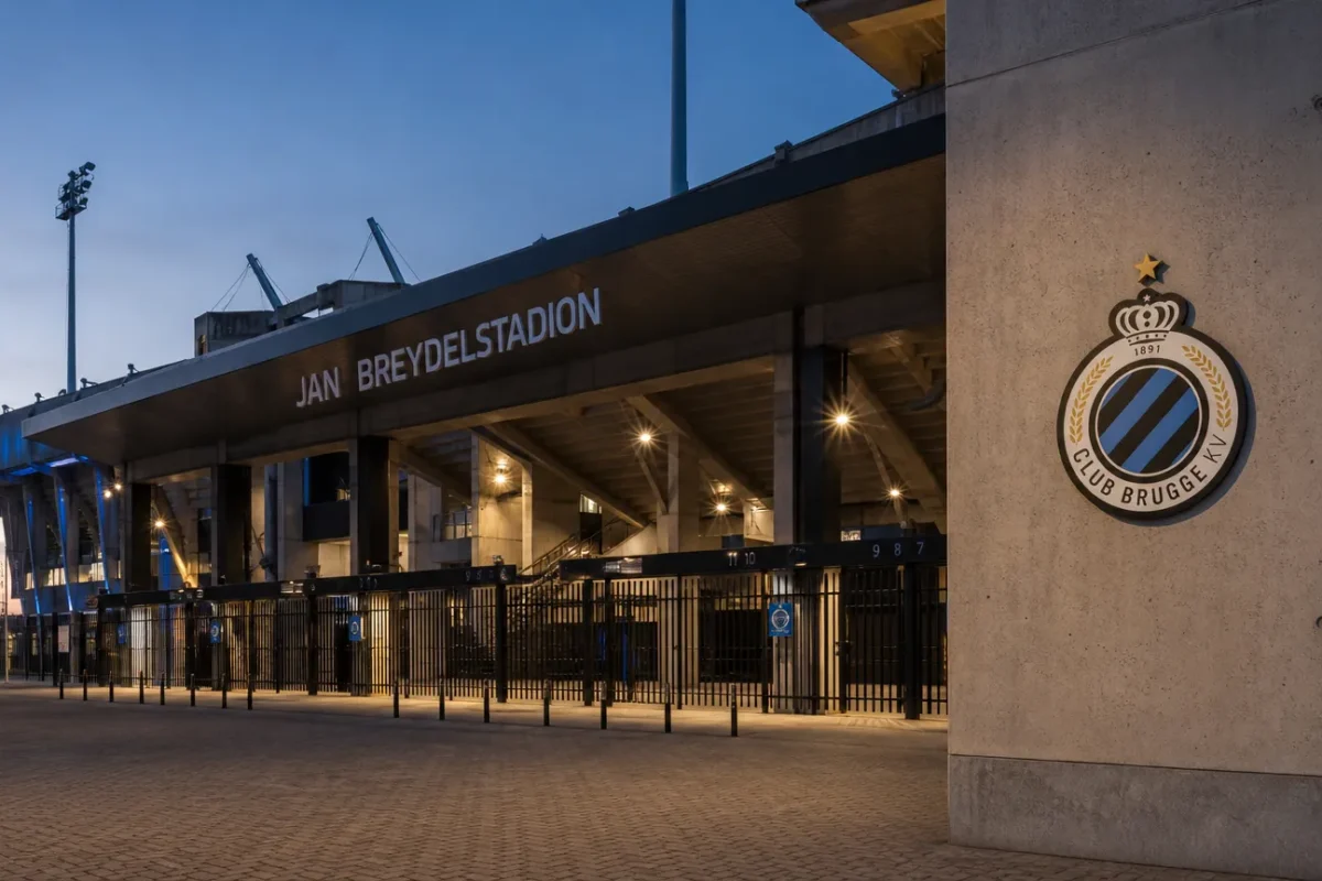 De ingang van het Jan Breydelstadion met een discreet Club Brugge-embleem.