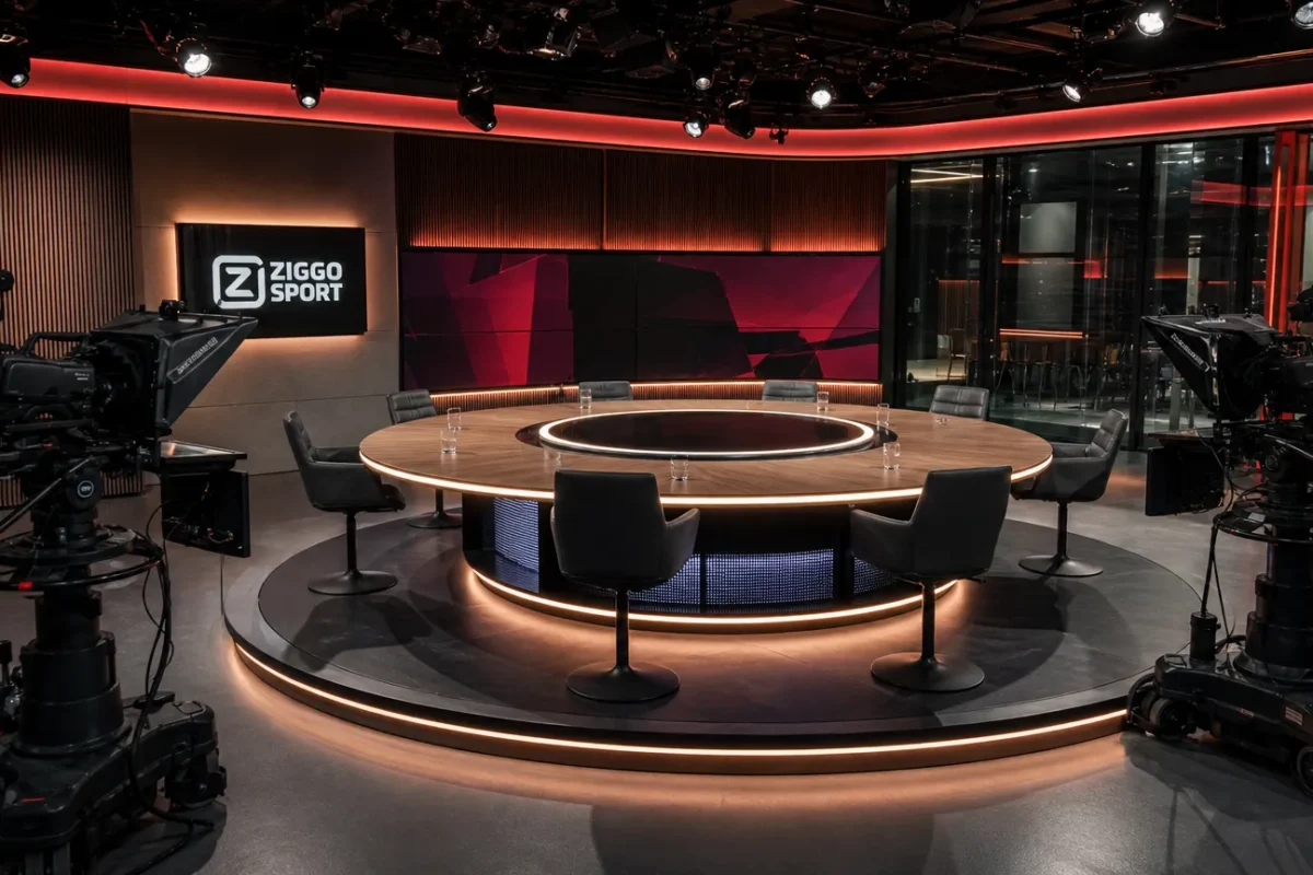 Een verlichte voetbaltelevisiestudio met camera's en een discussietafel.