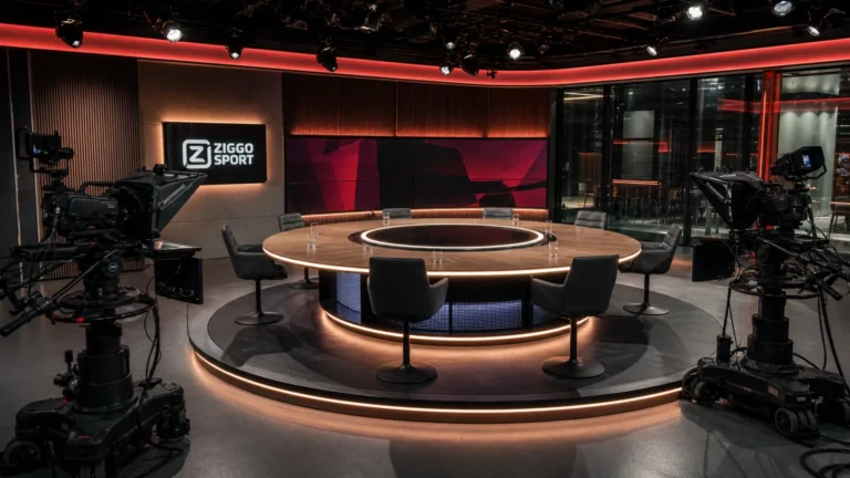 Een verlichte voetbaltelevisiestudio met camera's en een discussietafel.