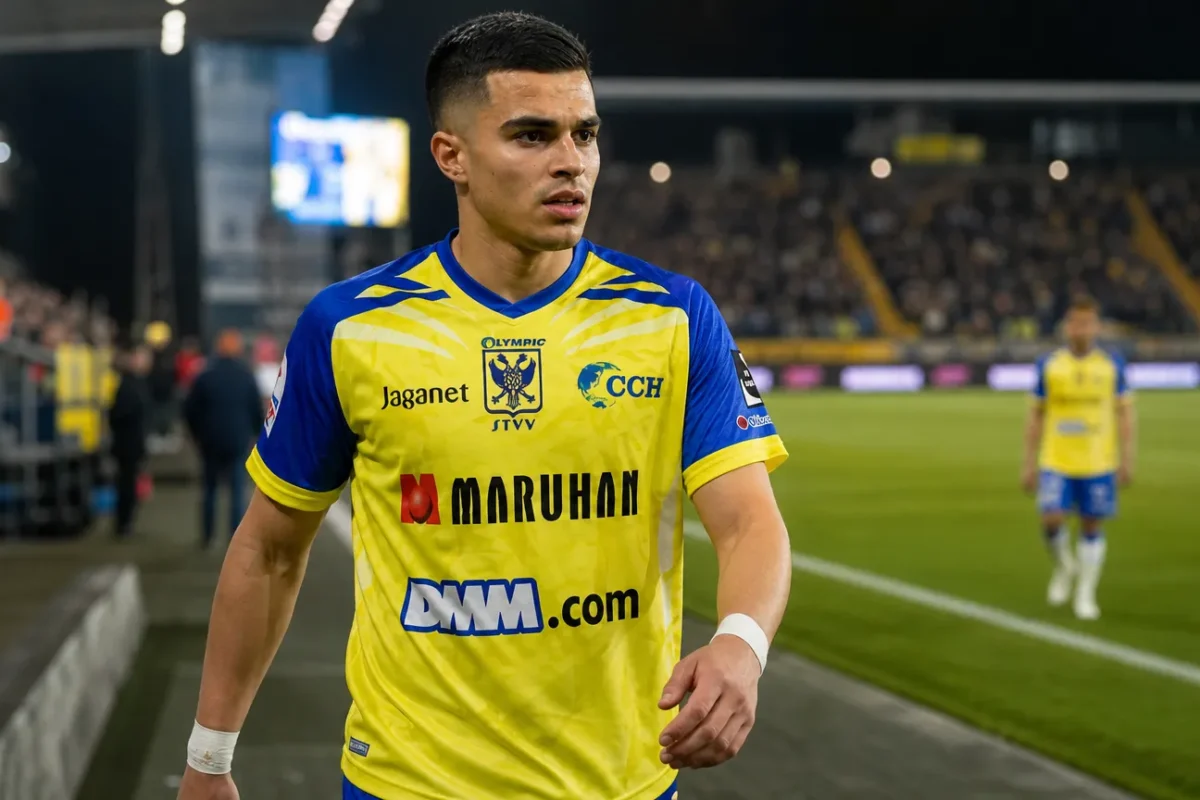 Ilias Sebaoui op het veld in zijn geel-blauwe wedstrijdtenue na een wedstrijd.
