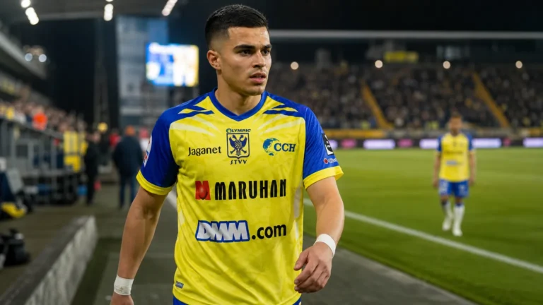 Ilias Sebaoui op het veld in zijn geel-blauwe wedstrijdtenue na een wedstrijd.