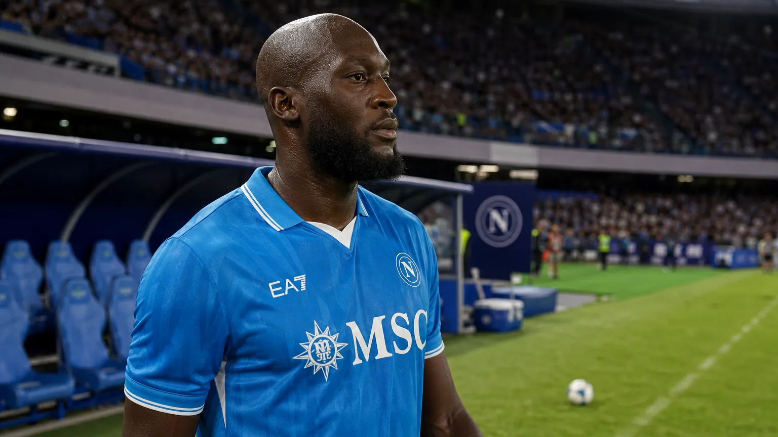 Romelu Lukaku in het tenue van Napoli op het voetbalveld.
