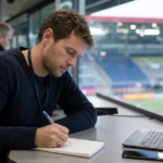 Een journalist noteert een voetbalanalyse aan een bureau in een persruimte.
