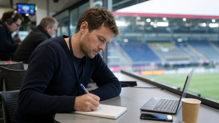 Een journalist noteert een voetbalanalyse aan een bureau in een persruimte.