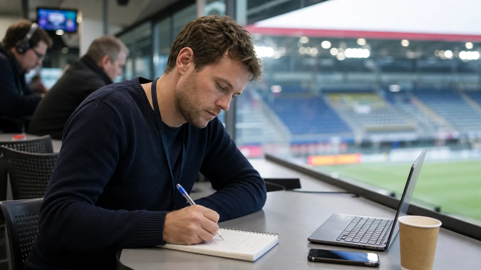 Een journalist noteert een voetbalanalyse aan een bureau in een persruimte.