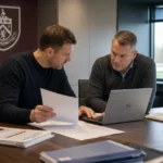 Medewerkers van Burnley overleggen in een clubkantoor tijdens de zoektocht naar een doelman.