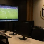 Een lege videoanalyseruimte van Anderlecht met een discreet clubembleem aan de wand.