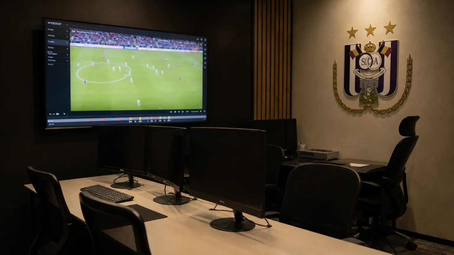 Een lege videoanalyseruimte van Anderlecht met een discreet clubembleem aan de wand.