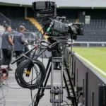 Televisiecamera’s staan opgesteld naast het veld voor een wedstrijd in het Belgische profvoetbal.