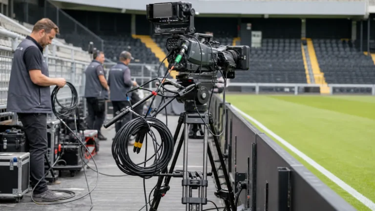 Televisiecamera’s staan opgesteld naast het veld voor een wedstrijd in het Belgische profvoetbal.