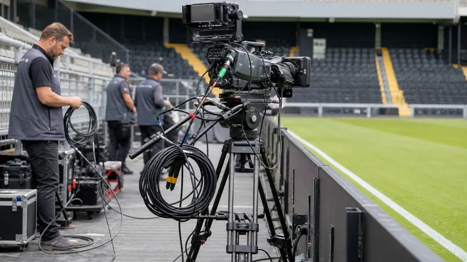 Televisiecamera’s staan opgesteld naast het veld voor een wedstrijd in het Belgische profvoetbal.