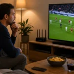 Een voetbalsupporter kijkt thuis naar een wedstrijd op televisie naast een internetrouter.