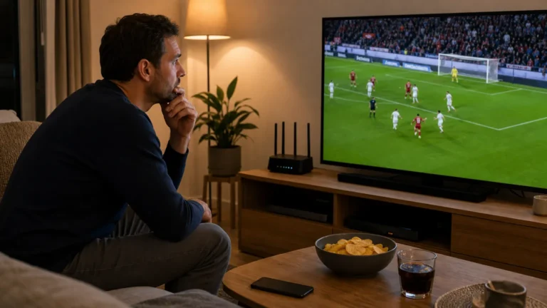 Een voetbalsupporter kijkt thuis naar een wedstrijd op televisie naast een internetrouter.